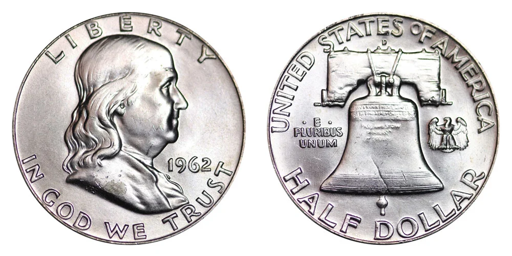 1962-D Franklin half dollar Repunched Mint Mark (RPM) error showing secondary D mint mark impression beside primary D above Liberty Bell yoke