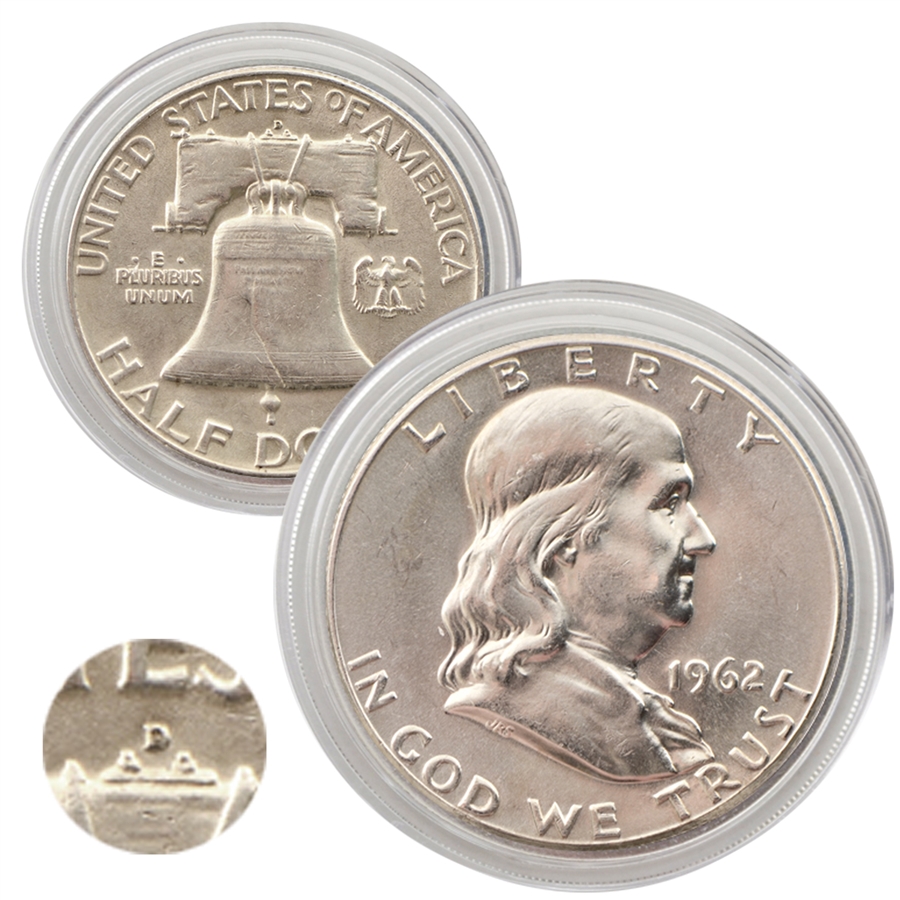 1962 Franklin half dollar group showing Philadelphia, Denver, and proof examples with mint facility background
